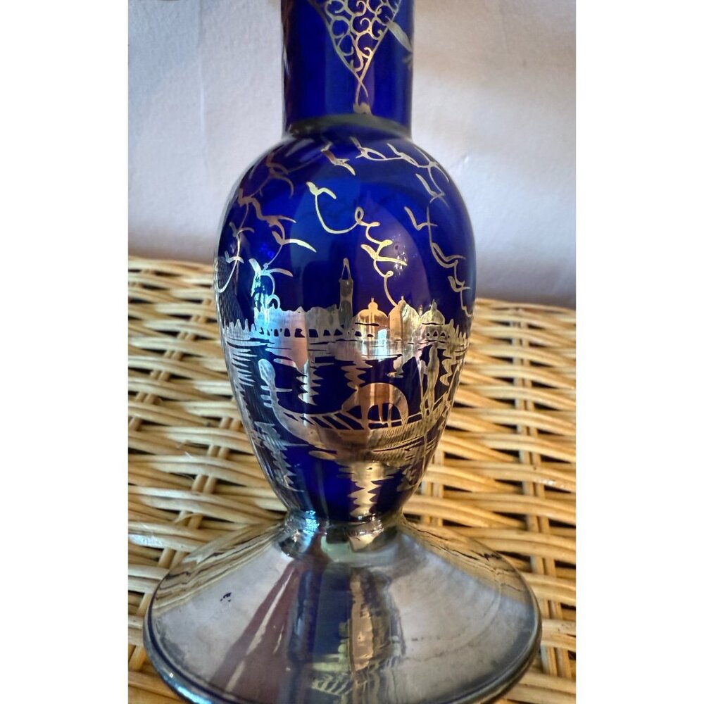 Vintage 50's Venetian Art Glass Bud Vase Blue Silver Overlay Gondola - Picture 5 of 11